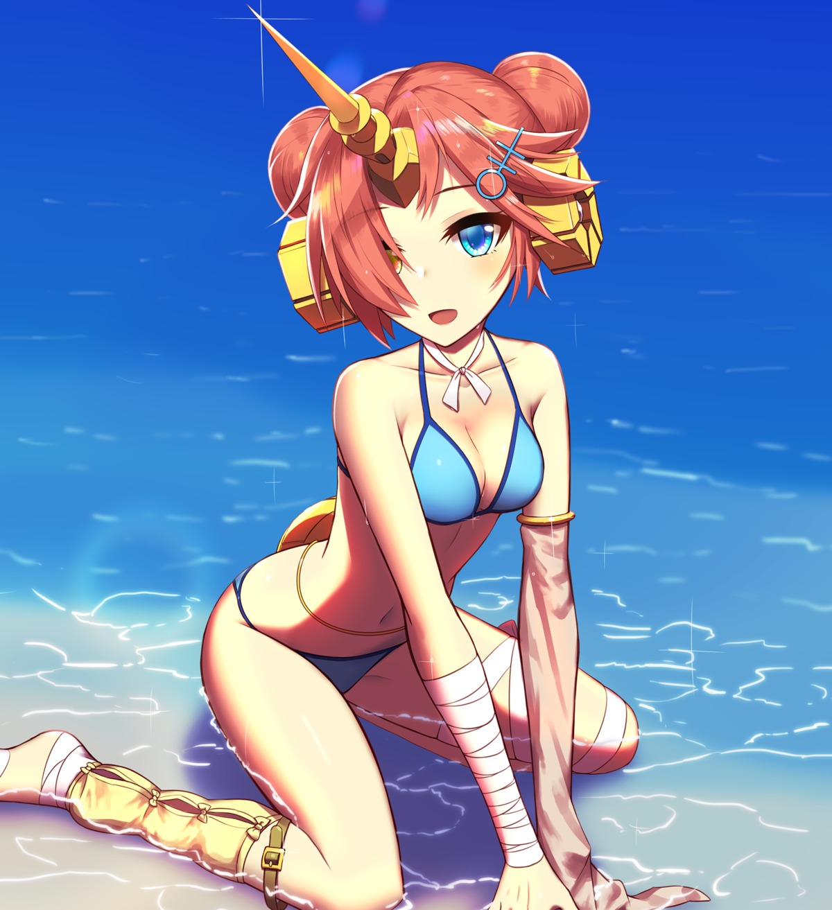 bandages, bikini, cleavage, fate/apocrypha, fate/grand_order, fate/stay_night, frankenstein's_monster_(fate), horns, kuroshiro_(ms-2420), swimsuits, wet