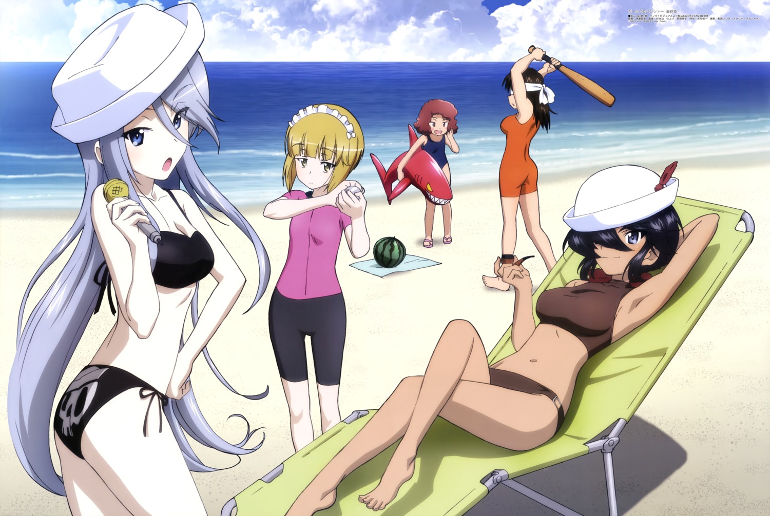 ass, bike_shorts, bikini, cleavage, cutlass_(girls_und_panzer), feet, flint_(girls_und_panzer), girls_und_panzer, itou_takeshi, murakami_(girls_und_panzer), ogin_(girls_und_panzer), rum_(girls_und_panzer), school_swimsuit, smoking, swimsuits, weapon