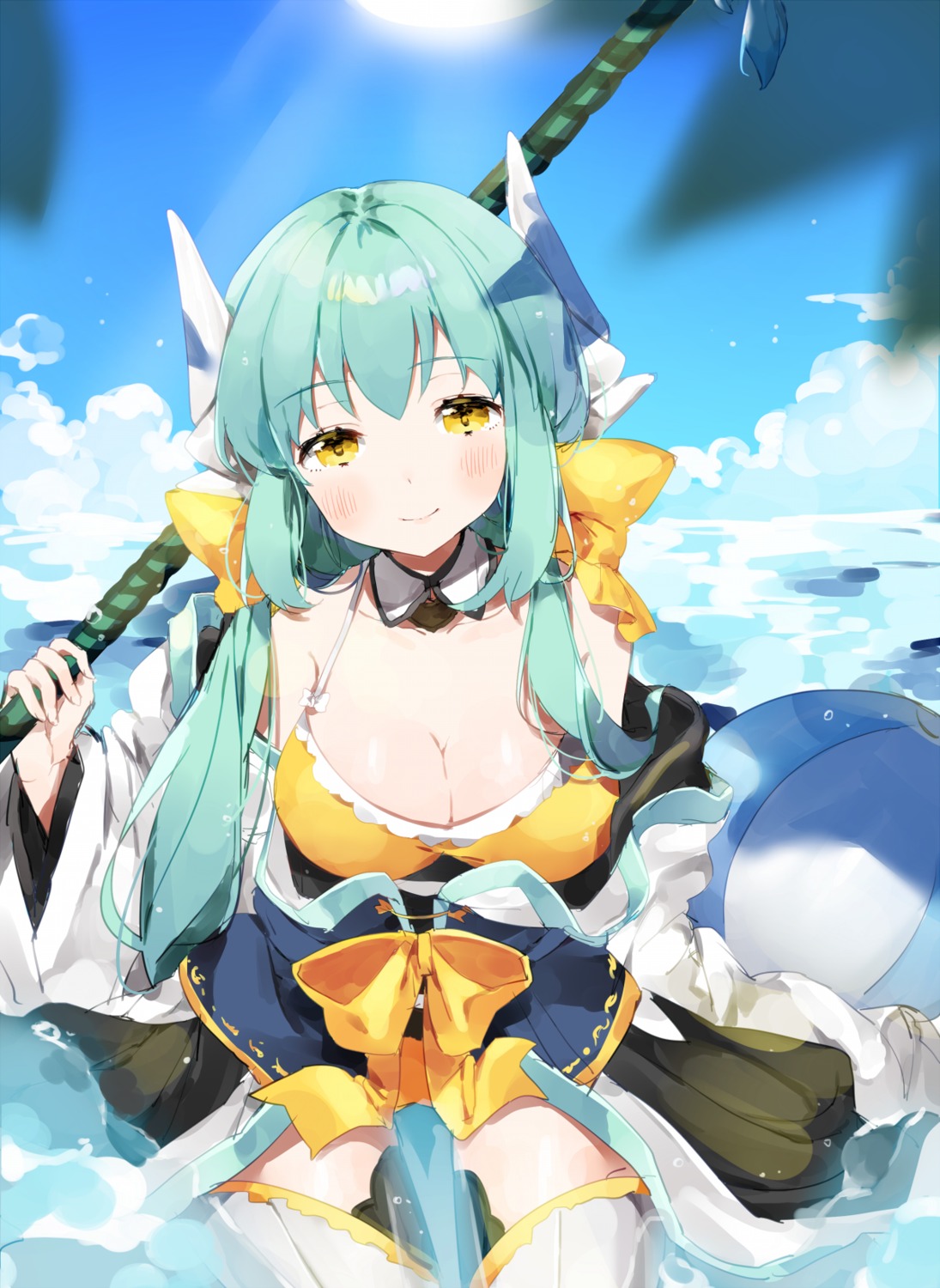 bikini, cleavage, fate/grand_order, horns, japanese_clothes, kiyohime_(fate), ongyageum, open_shirt, swimsuits, thighhighs, weapon