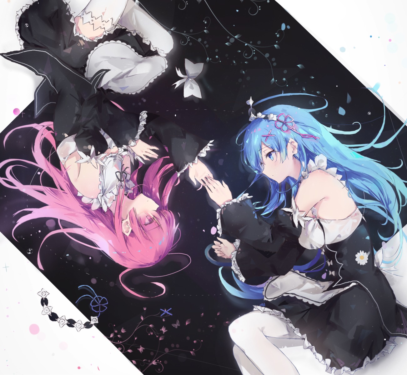 maid, pantyhose, ram_(re_zero), re:zero_kara_hajimeru_isekai_seikatsu, rem_(re_zero), thighhighs, tr_(hareru)
