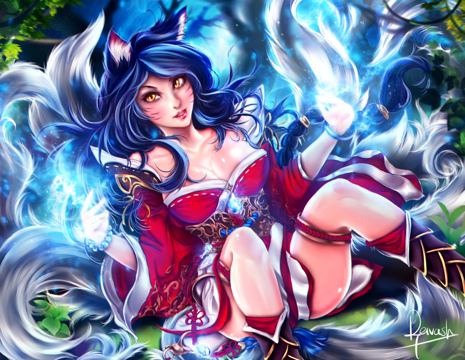 ahri, animal_ears, cleavage, kitsune, league_of_legends, reivash, tail