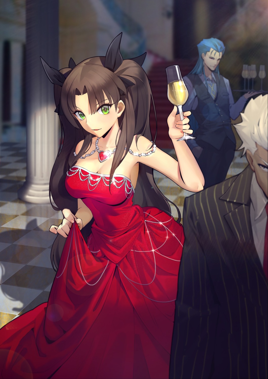 archer, business_suit, cleavage, cu_chulainn_(fate), dress, fate/stay_night, oop, skirt_lift, toosaka_rin
