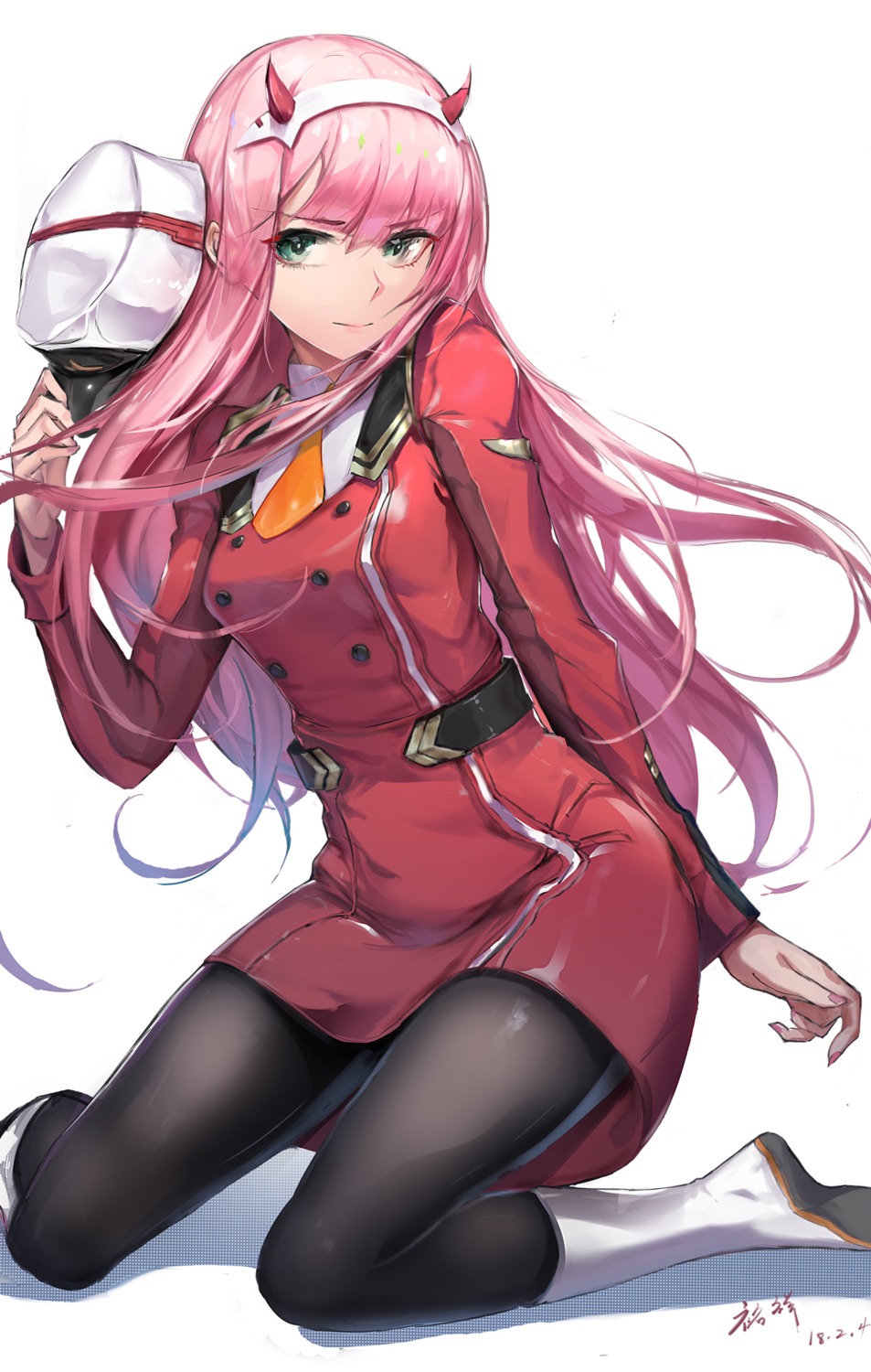 darling_in_the_franxx, horns, pantyhose, rabbit_(tukenitian), uniform, zero_two_(darling_in_the_franxx)
