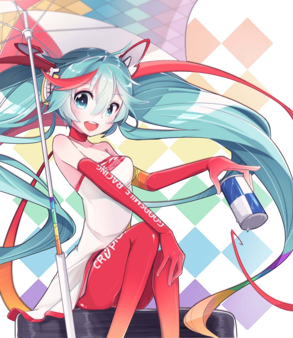 chuuko_anpu, dress, goodsmile_racing, hatsune_miku, pantyhose, racing_miku, umbrella, vocaloid