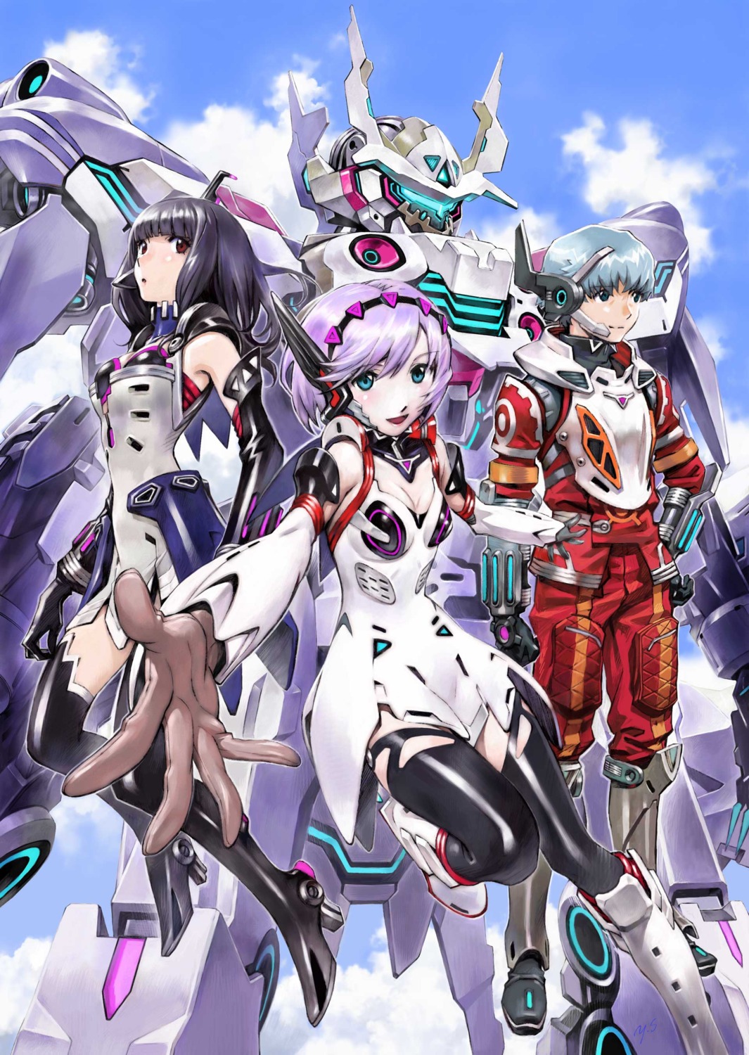 bodysuit, cleavage, dress, headphones, heels, hoshi_to_tsubasa_no_paradox, mecha, sadamoto_yoshiyuki, thighhighs