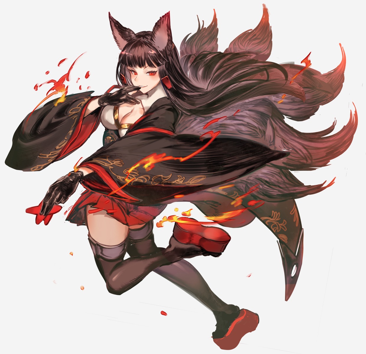 akagi_(azur_lane), animal_ears, azur_lane, cleavage, japanese_clothes, makai_no_juumin, tail, thighhighs