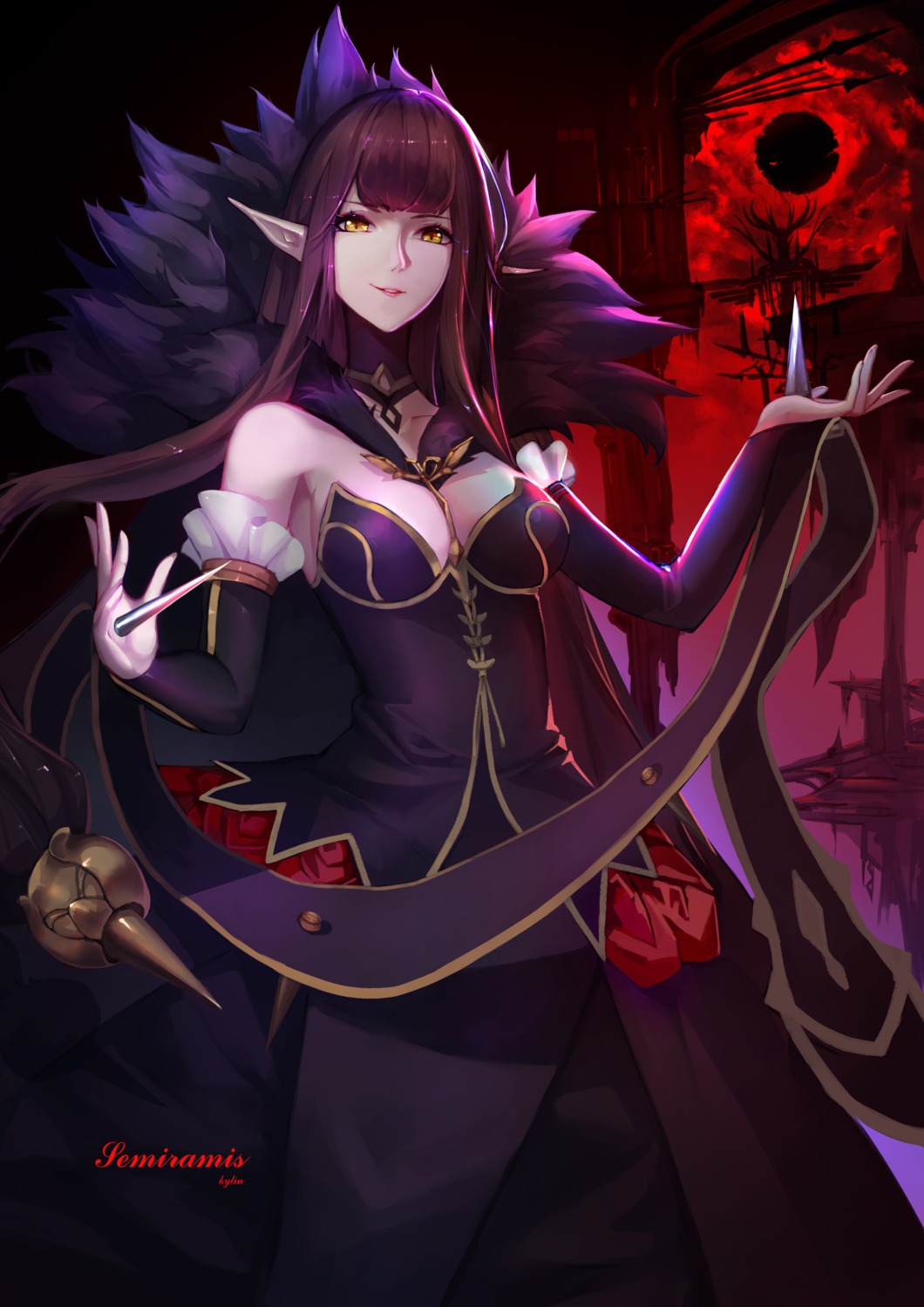 cleavage, dress, fate/apocrypha, fate/grand_order, fate/stay_night, pointy_ears, semiramis_(fate), yun_lin