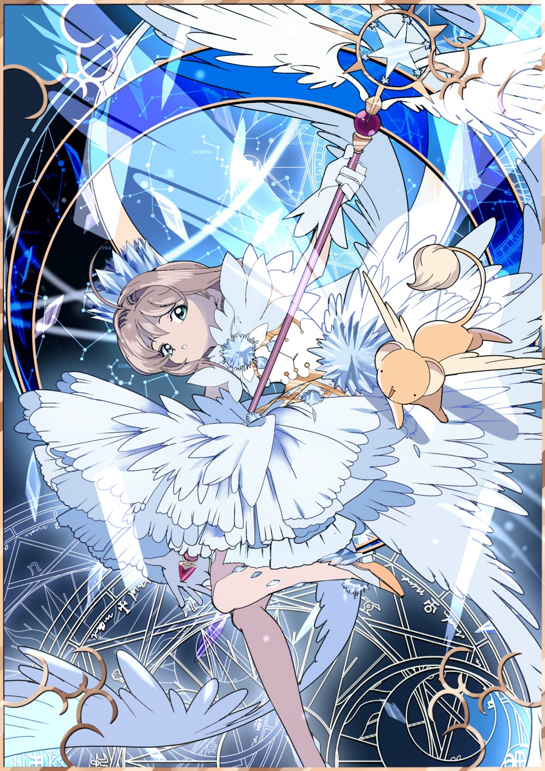 card_captor_sakura, dress, edoya_inuhachi, heels, kerberos, kinomoto_sakura, weapon, wings