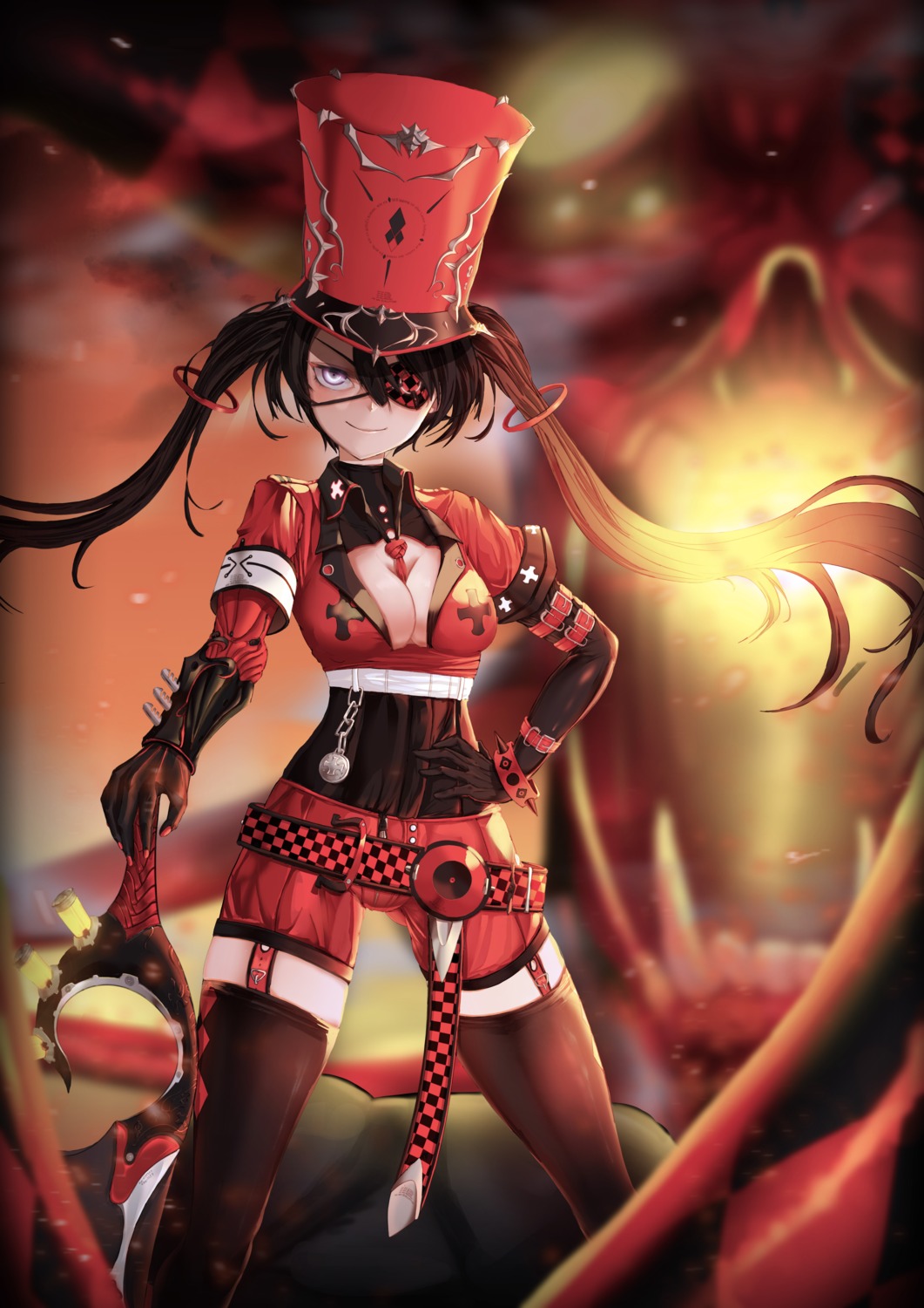 cleavage, eyepatch, panamuru, stockings, thighhighs, weapon