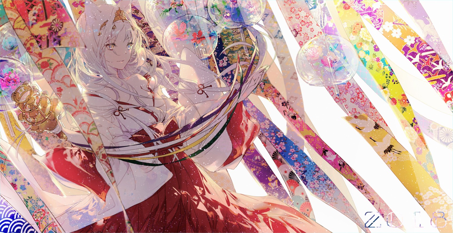 animal_ears, cleavage, kinokohime, miko, open_shirt