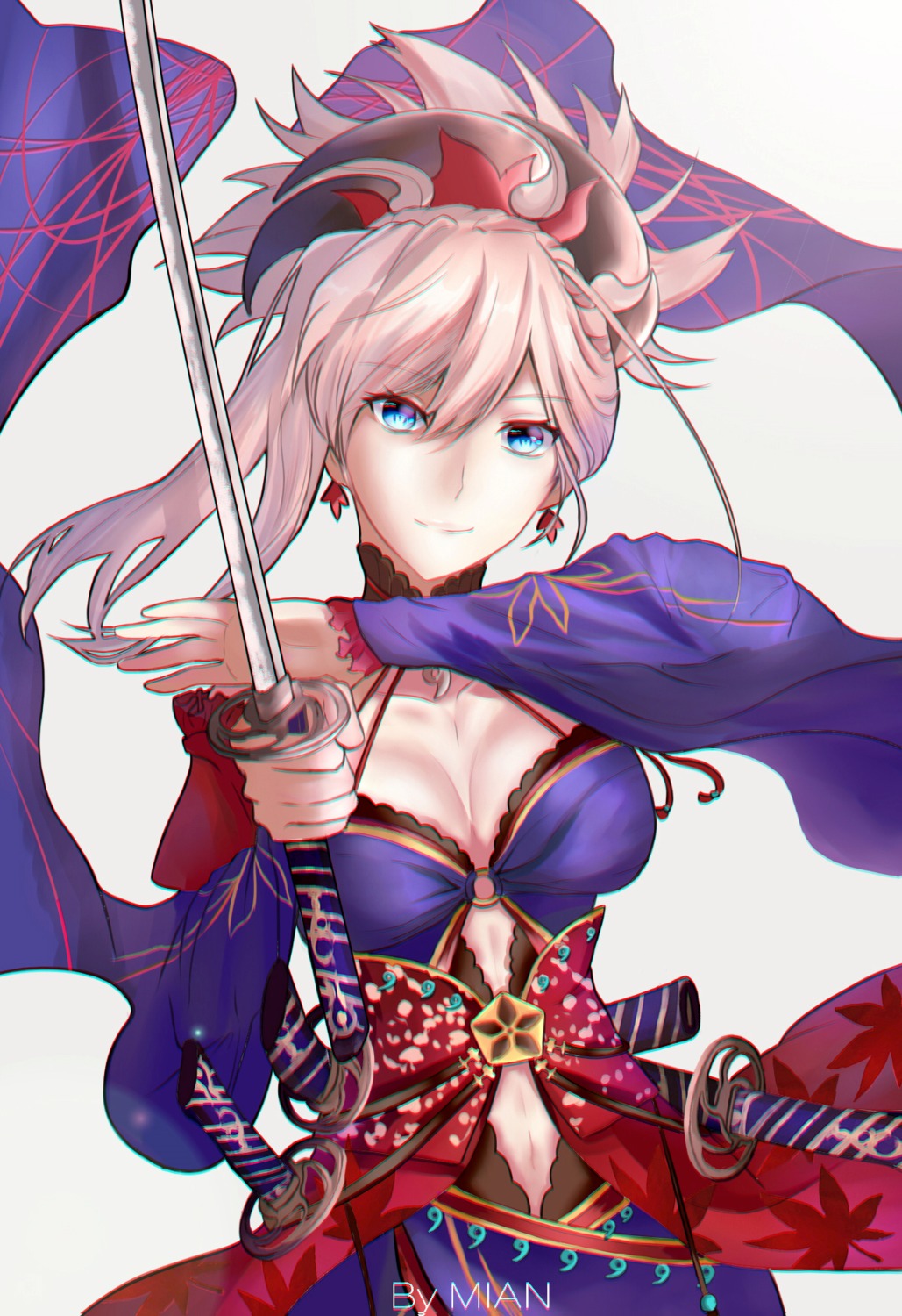cleavage, fate/grand_order, japanese_clothes, mian.h, miyamoto_musashi_(fate), sword