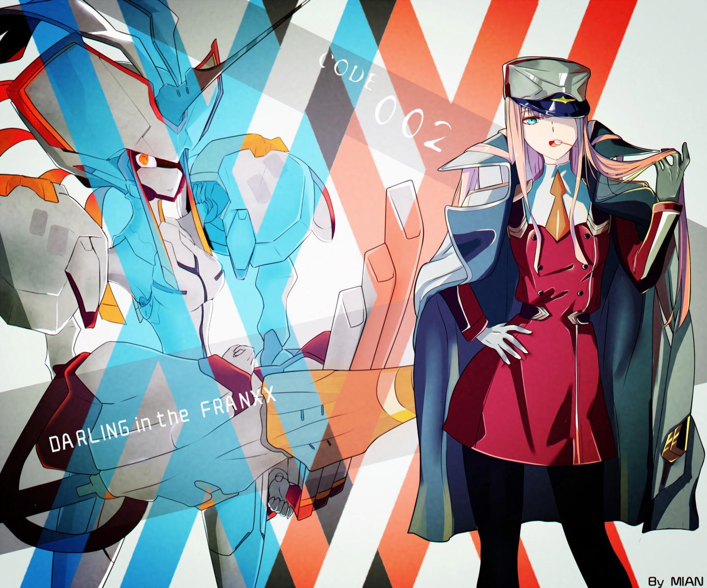 darling_in_the_franxx, mecha, mian.h, pantyhose, strelizia, uniform, zero_two_(darling_in_the_franxx)