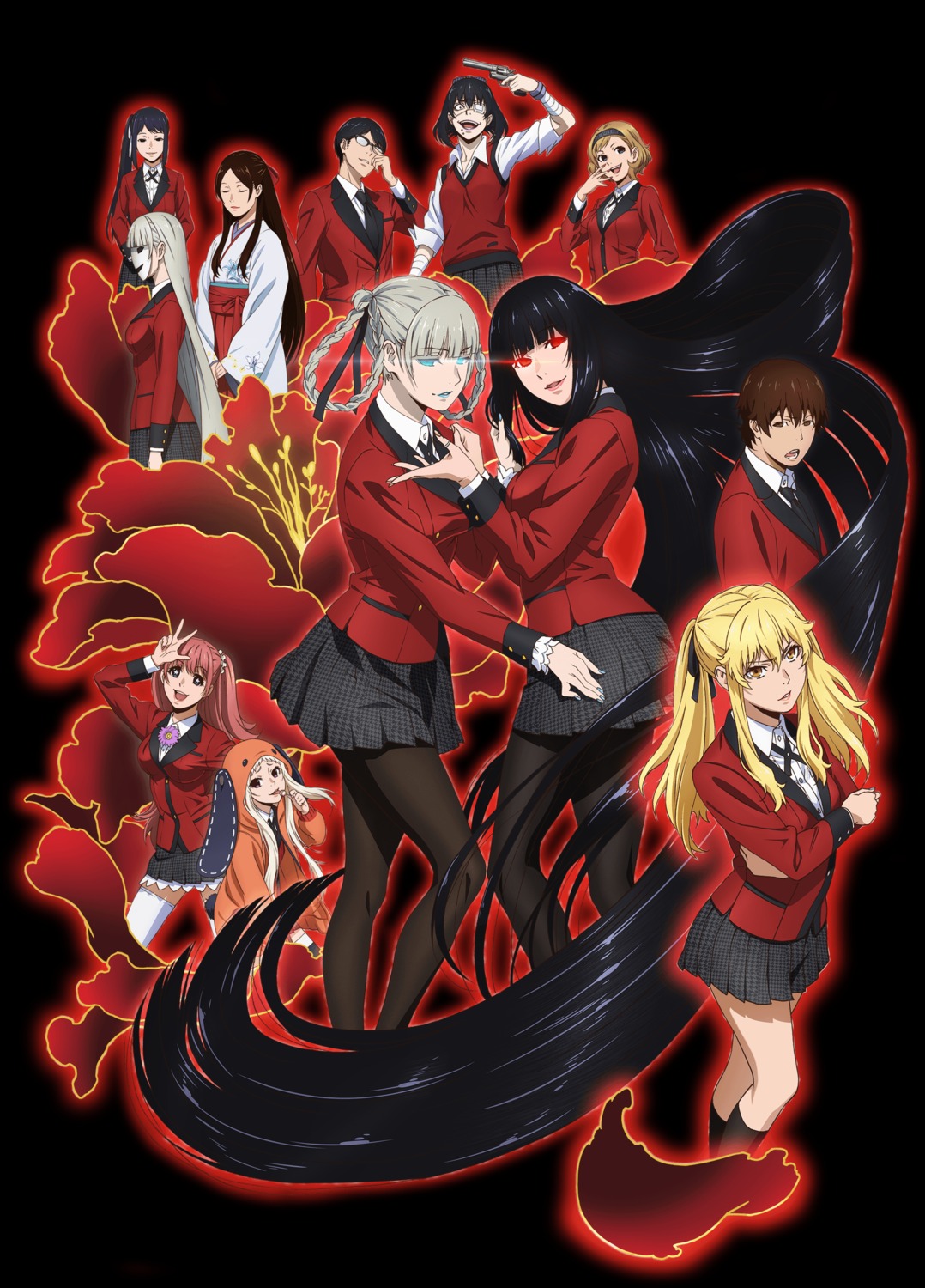 eyepatch, gun, jabami_yumeko, kakegurui, megane, miko, momobami_kirari, pantyhose, seifuku, thighhighs