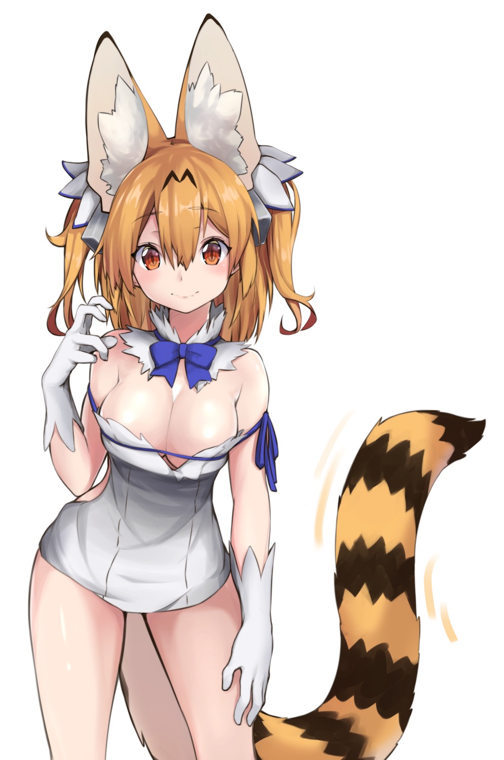 animal_ears, cleavage, cosplay, dress, dungeon_ni_deai_wo_motomeru_no_wa_machigatteiru_darou_ka, hestia_(danmachi), kemono_friends, relila, serval, tail