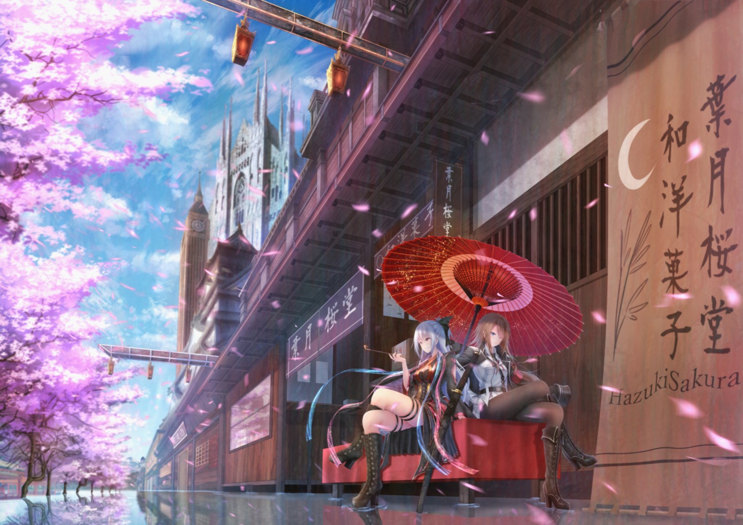denpa_(denpae29), garter, heels, landscape, pantyhose, sword, uniform