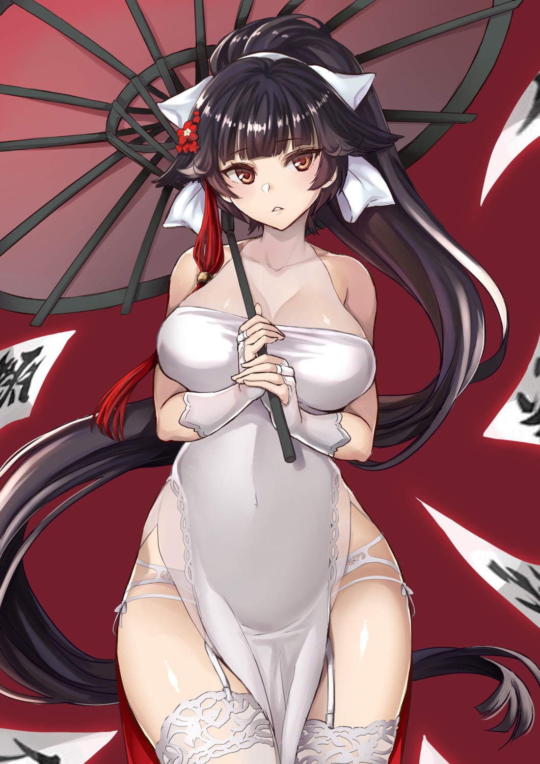 azur_lane, dress, garter_belt, kaori_hero, pantsu, see_through, stockings, takao_(azur_lane), thighhighs, umbrella