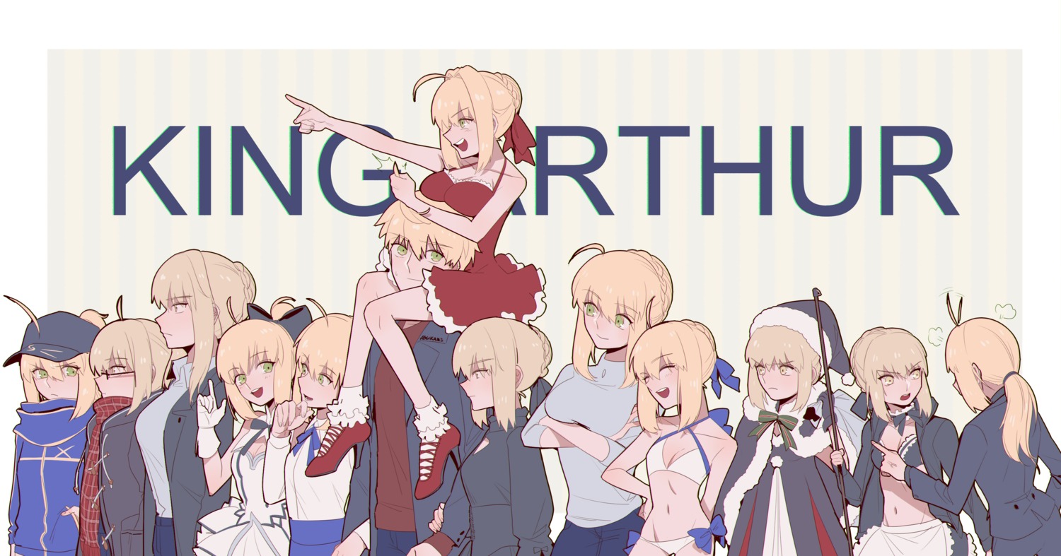 artoria_pendragon_(fate), artoria_pendragon_alter_(fate), bikini, breast_hold, cleavage, dress, fate/grand_order, heels, heroine_x, heroine_x_alter, liangchanxingmingrixiang, maid, megane, nero_claudius_(fate), open_shirt, saber_(fate/prototype), swimsuits