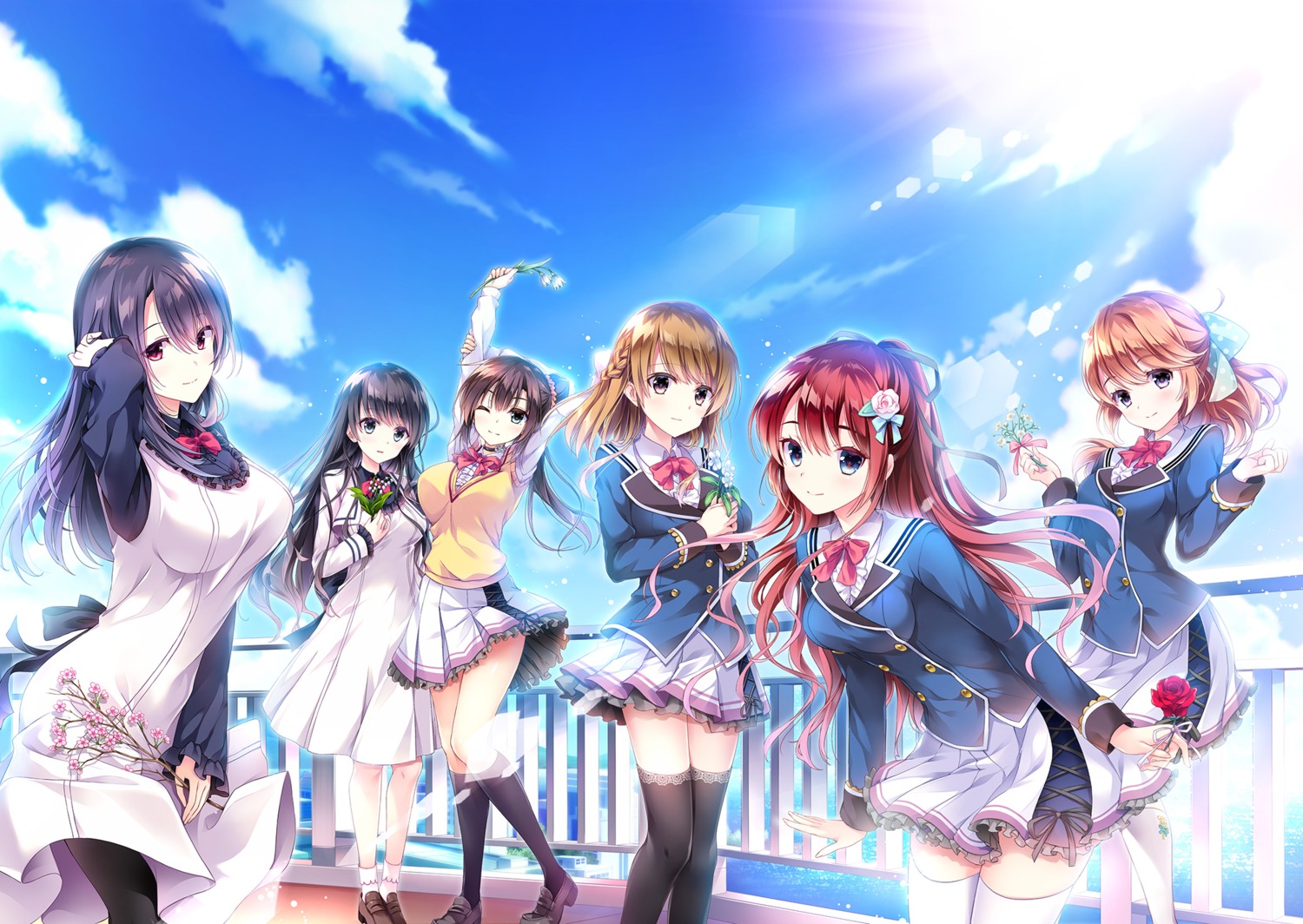 ensemble_(company), gin, hayami_misato, keisaka, koi_wa_sotto_saku_hana_no_you_ni, kotoishi_iori, kurumi_sanae, miyane_saki, pantyhose, saionji_youko_(koi_wa_sotto_saku_hana_no_you_ni), seifuku, sena_chifuyu, thighhighs, toudou_nazuna, tsuji_fuutarou