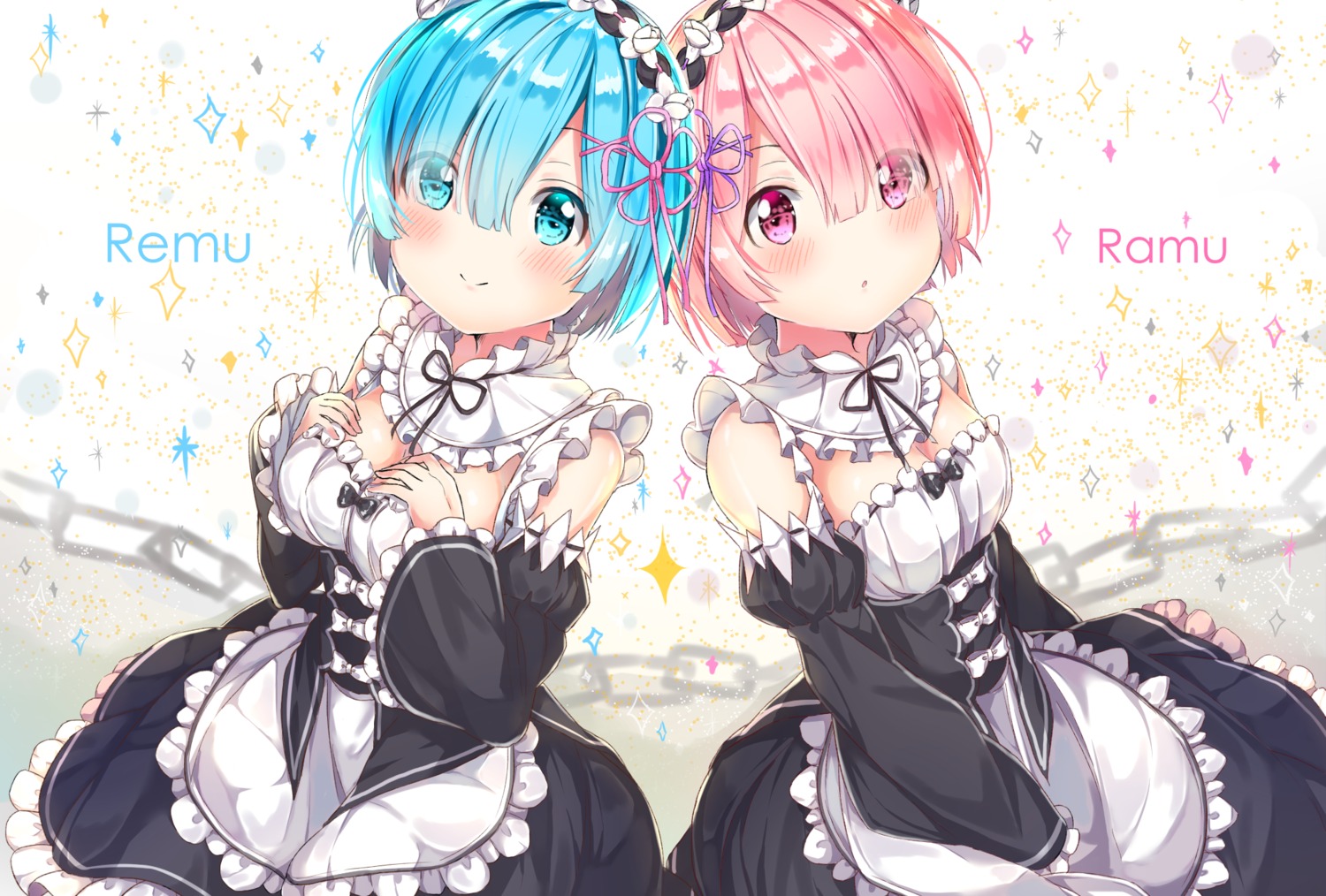 breast_hold, cleavage, maid, ram_(re_zero), re:zero_kara_hajimeru_isekai_seikatsu, rem_(re_zero), torokeru_none