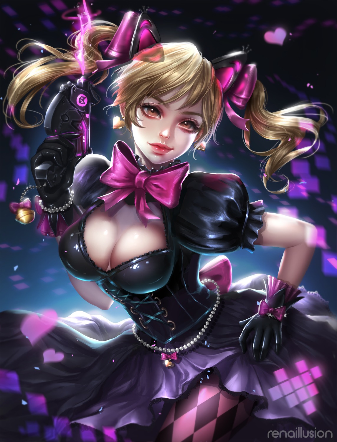 animal_ears, cleavage, d.va, dress, gun, nekomimi, overwatch, pantyhose, rena_illusion