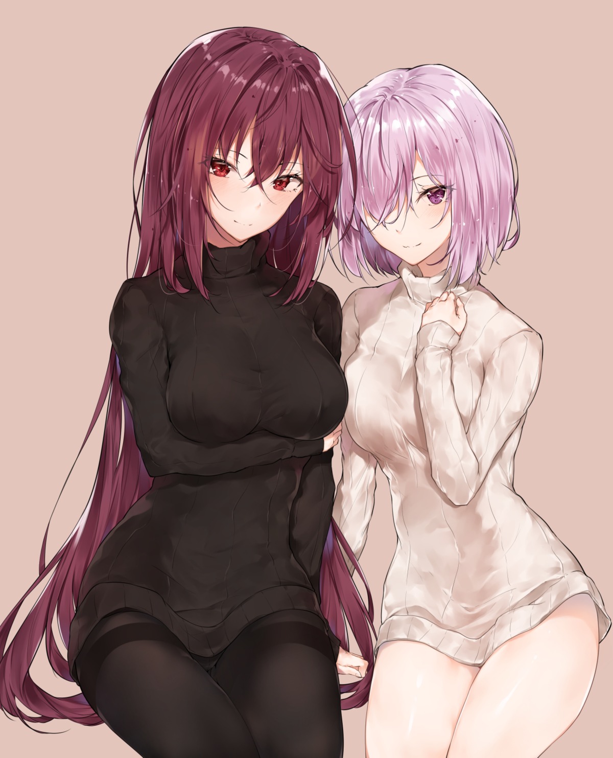 breast_hold, fate/grand_order, hplay, mash_kyrielight, pantyhose, scathach_(fate), sweater