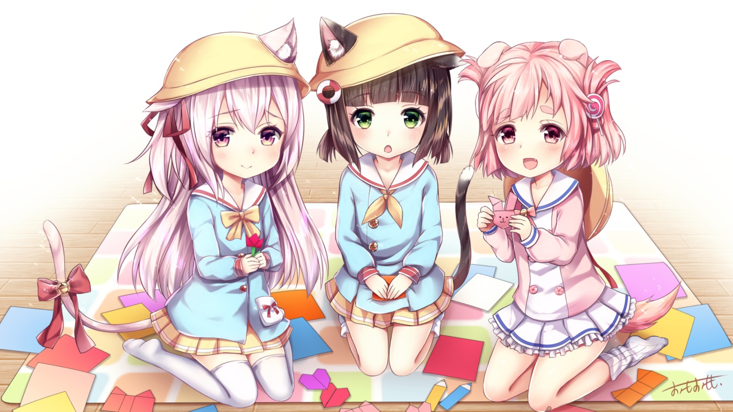 animal_ears, azur_lane, kisaragi_(azur_lane), mutsuki_(azur_lane), nekomimi, omoomomo, seifuku, tail, thighhighs, uzuki_(azur_lane), wallpaper