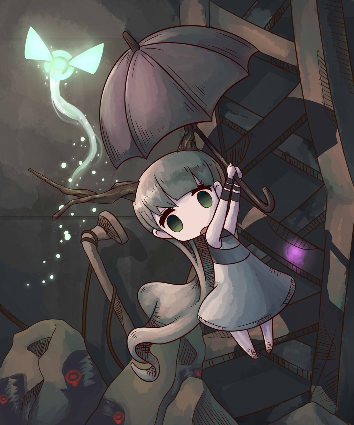 dress, horns, hotaru_no_nikki, mion_(hotaru_no_nikki), miyan, umbrella