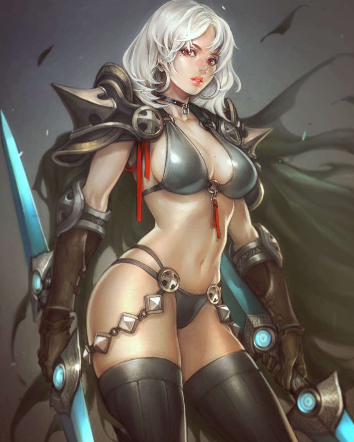 armor, bikini_armor, cleavage, ozo_stato, thighhighs, weapon