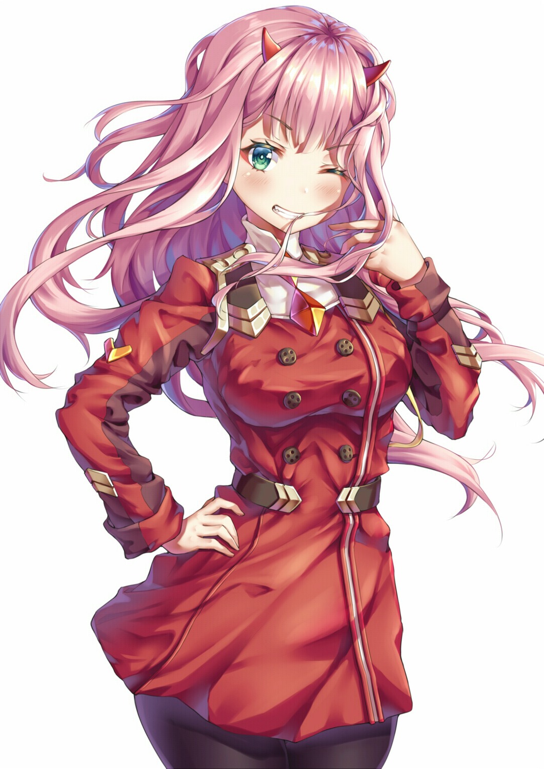 darling_in_the_franxx, horns, pantyhose, uniform, xi_zhujia_de_rbq, zero_two_(darling_in_the_franxx)