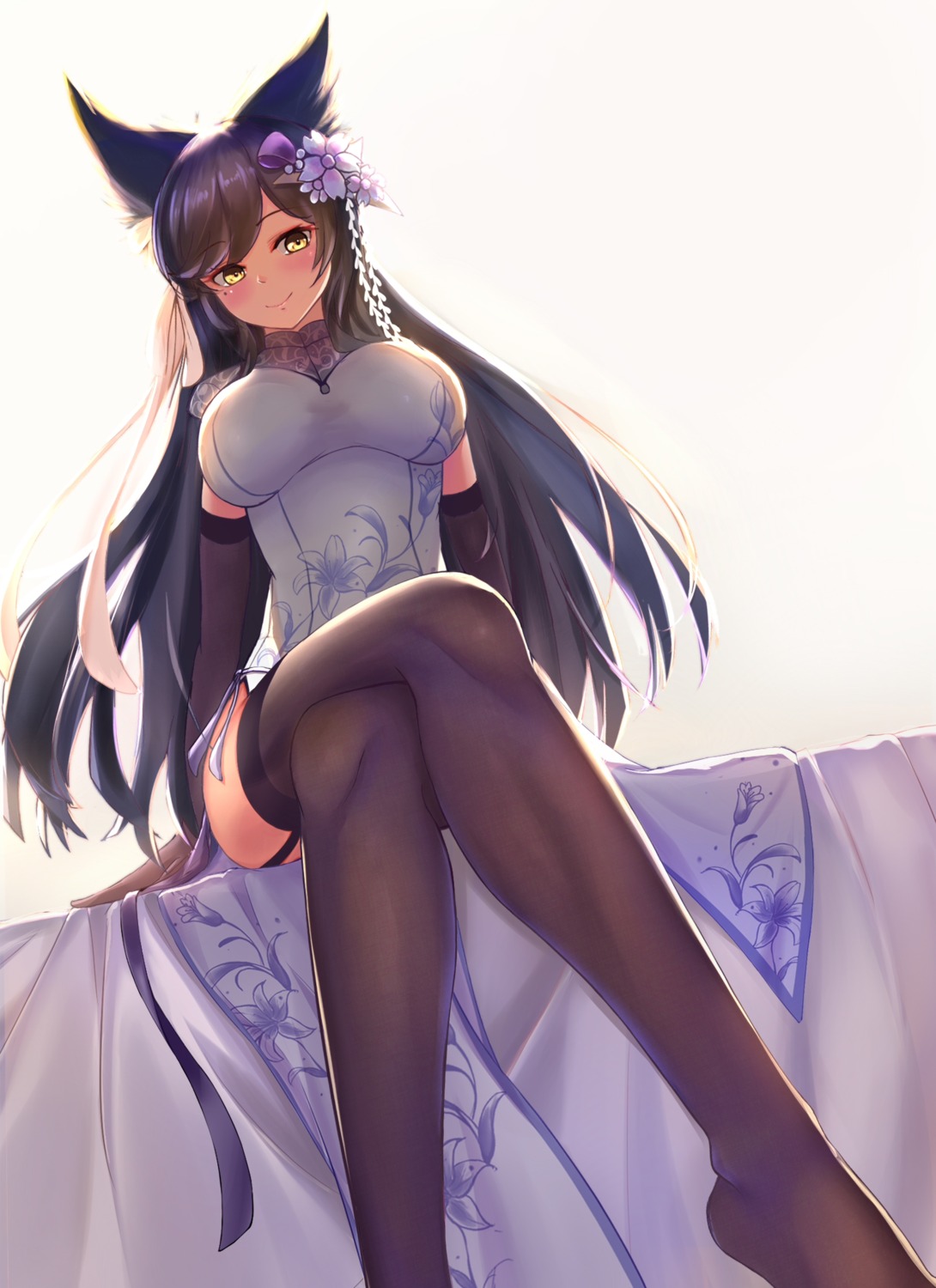 animal_ears, atago_(azur_lane), azur_lane, chinadress, john_117, stockings, thighhighs
