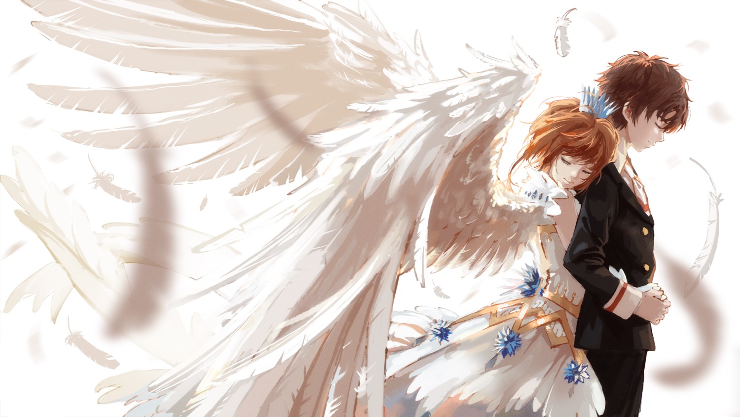 card_captor_sakura, dress, kinomoto_sakura, li_syaoran, seifuku, wings, xiaobanbei_milk