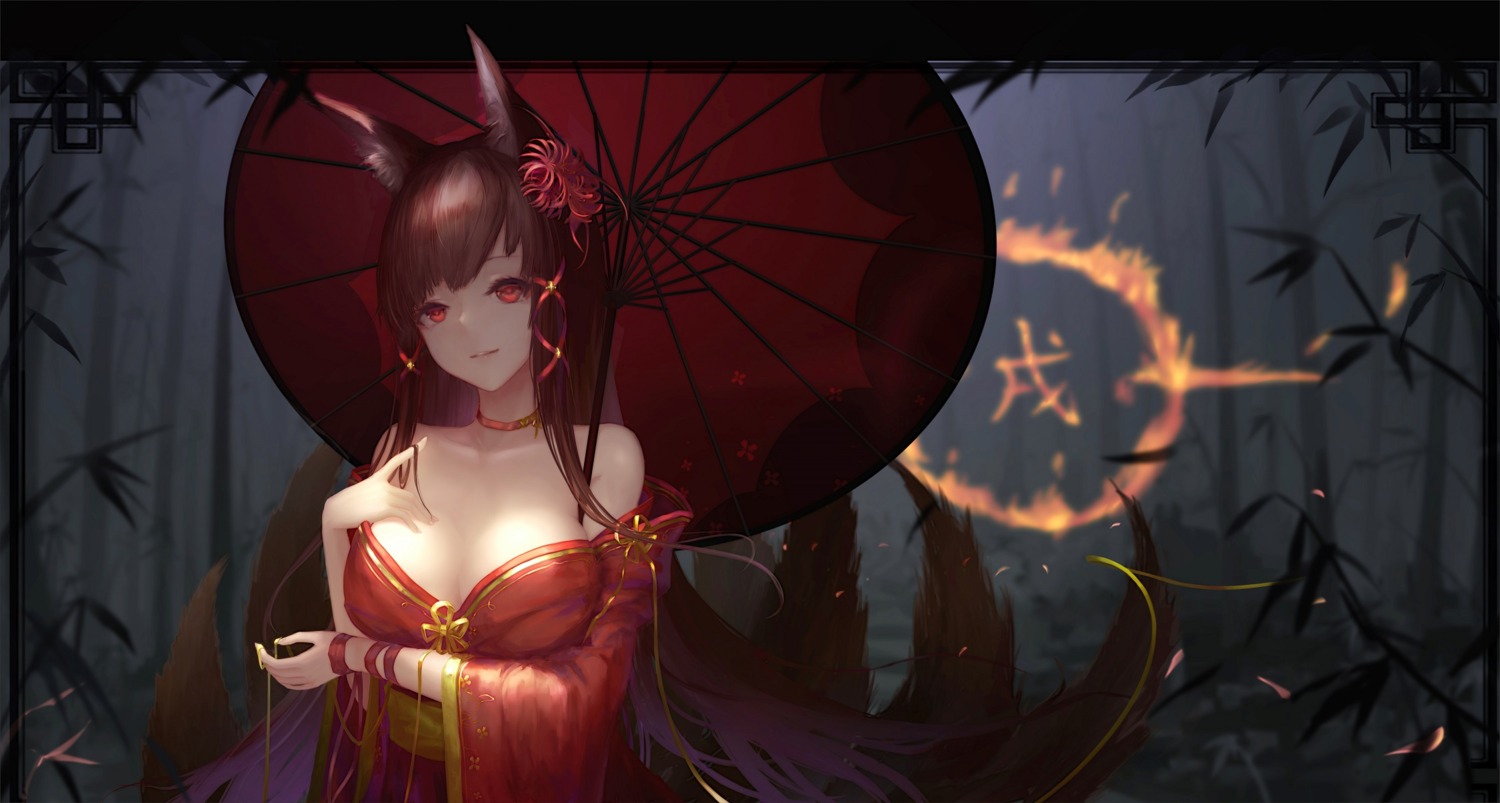 akagi_(azur_lane), animal_ears, azur_lane, breast_hold, cleavage, hc, japanese_clothes, kitsune