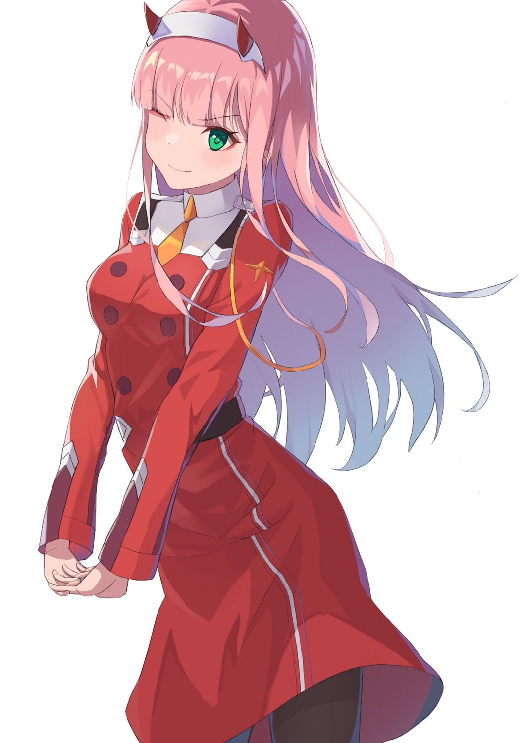 darling_in_the_franxx, horns, pantyhose, uniform, yukiyaii, zero_two_(darling_in_the_franxx)