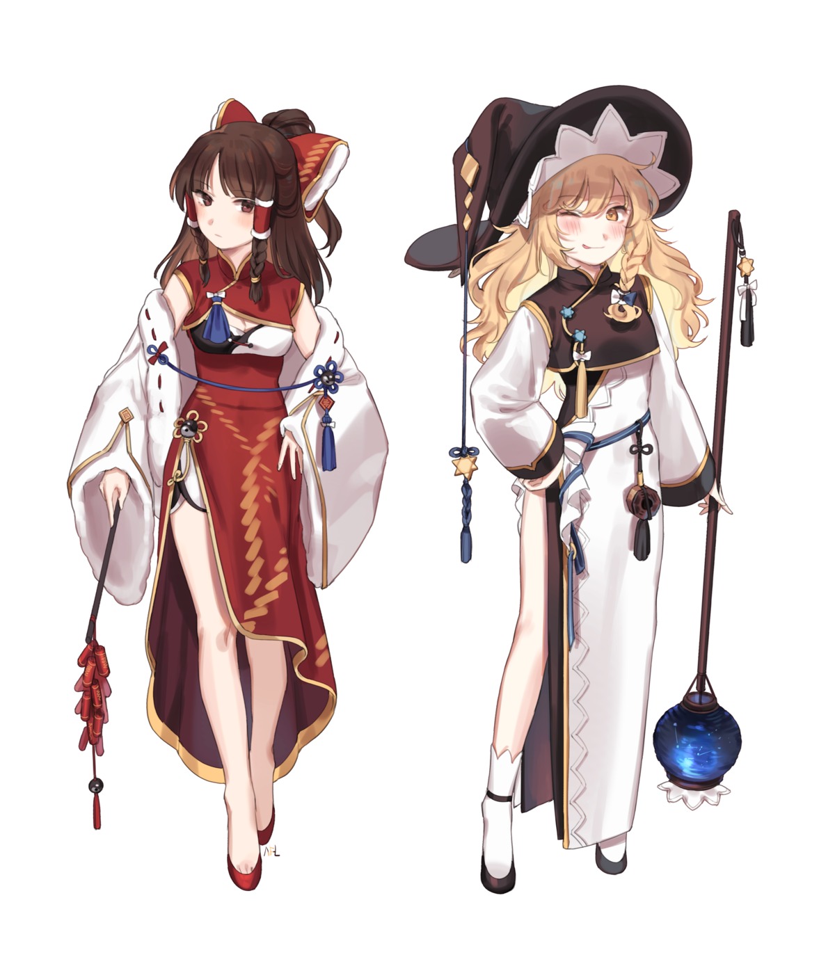 chinadress, hakurei_reimu, kirisame_marisa, shan, touhou, witch