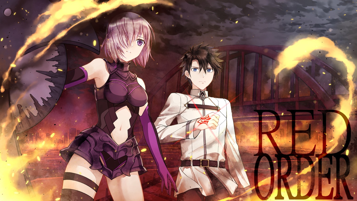 armor, fate/grand_order, fujimaru_ritsuka_(male), garter, jh, mash_kyrielight, tattoo, thighhighs