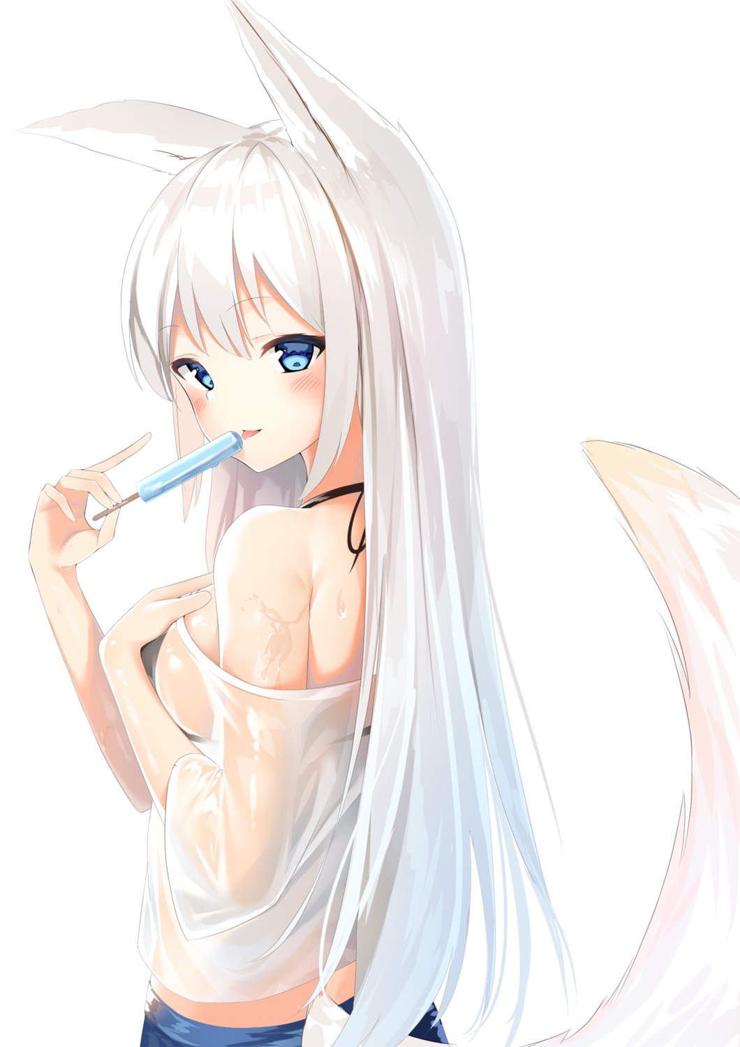 animal_ears, kurotobi_rarumu, no_bra, see_through, tail, wet, wet_clothes