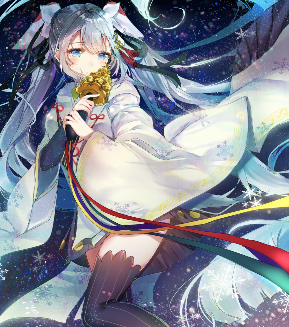 hatsune_miku, japanese_clothes, takitou, thighhighs, vocaloid, yuki_miku