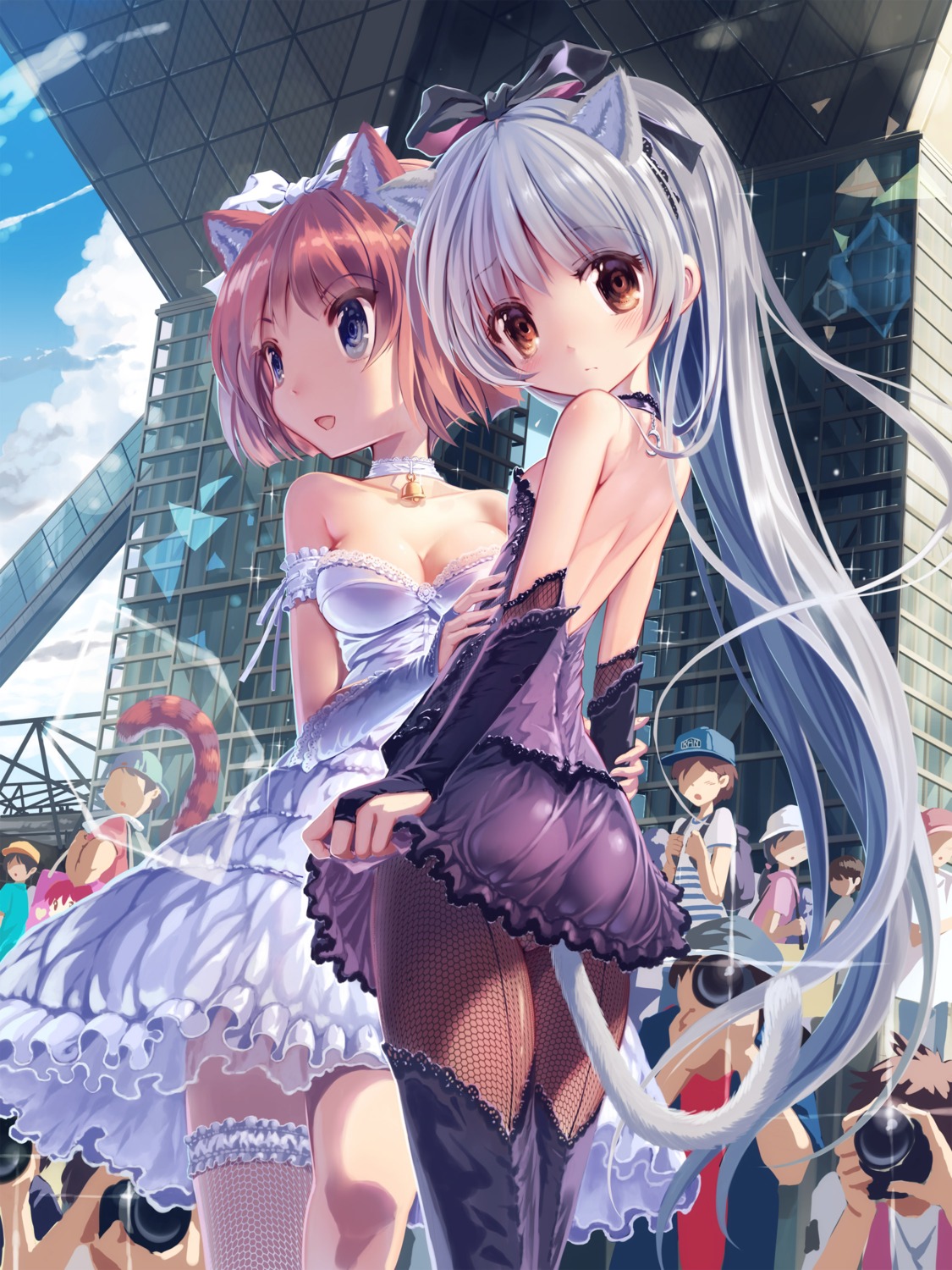 animal_ears, ass, cleavage, dress, fishnets, kankurou, pantyhose, skirt_lift