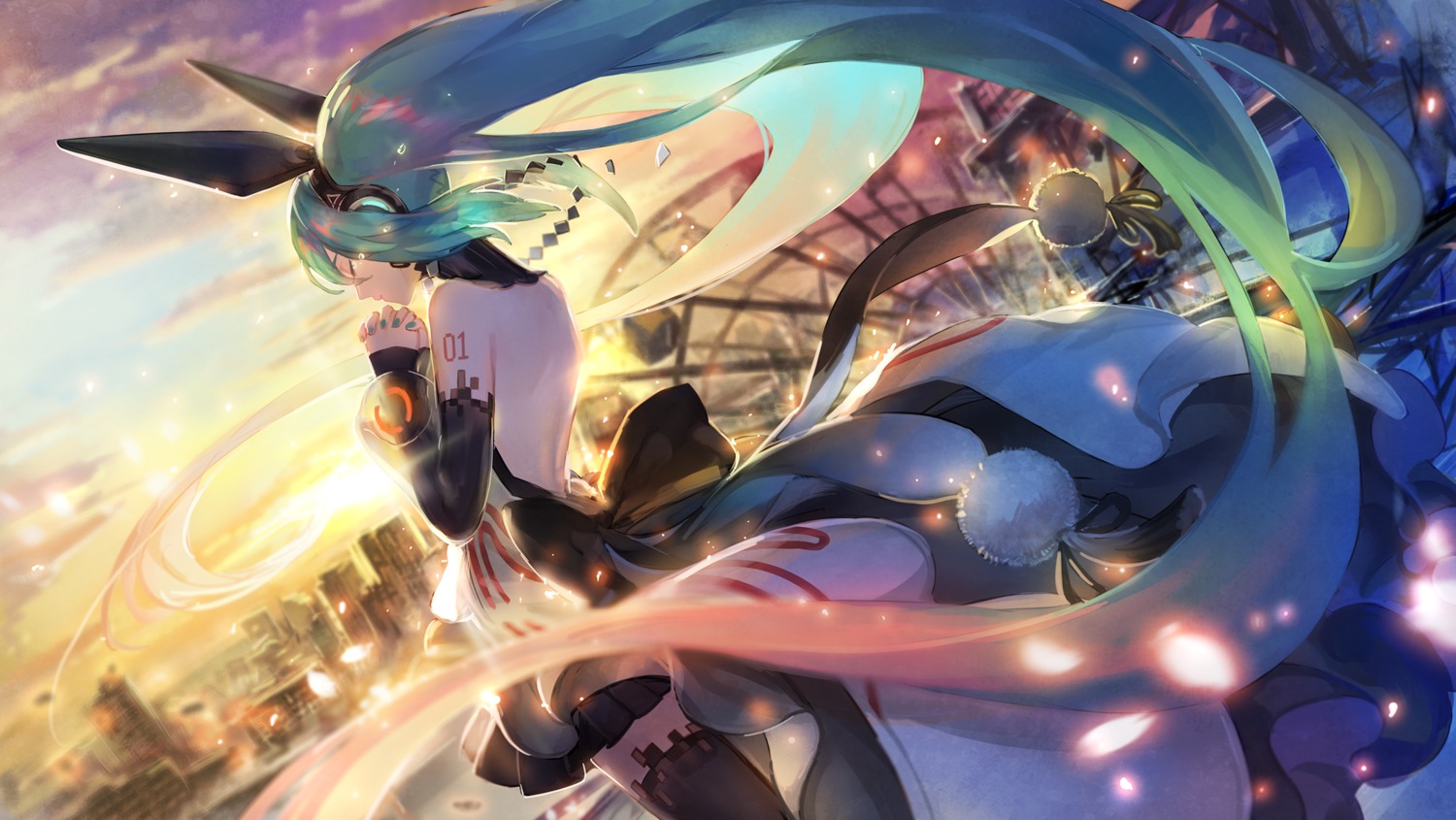 hatsune_miku, headphones, tattoo, thighhighs, verus, vocaloid