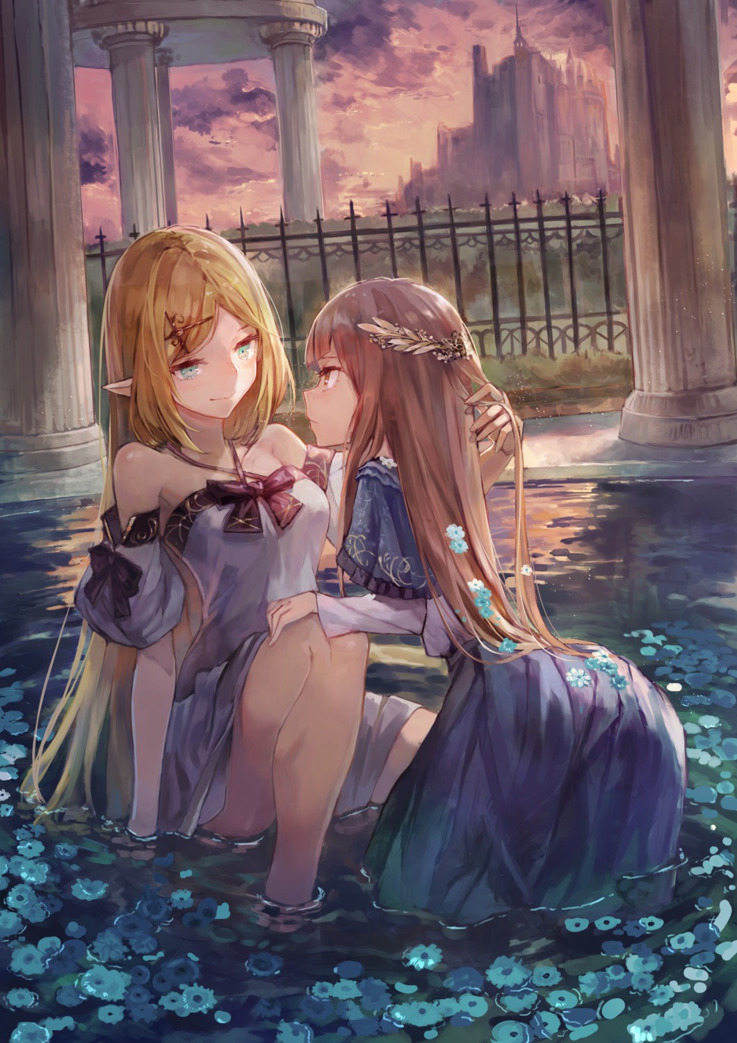 dress, elf, kobuta, pointy_ears, wet, yuri