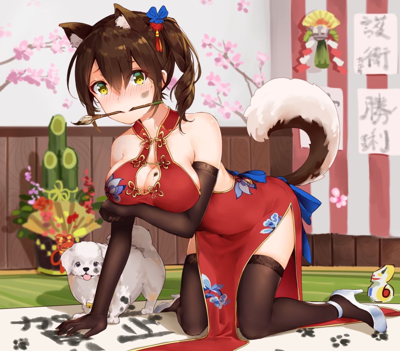 animal_ears, breast_hold, chinadress, cleavage, heels, kaga_(kancolle), kantai_collection, tail, yamano_(yamanoh)