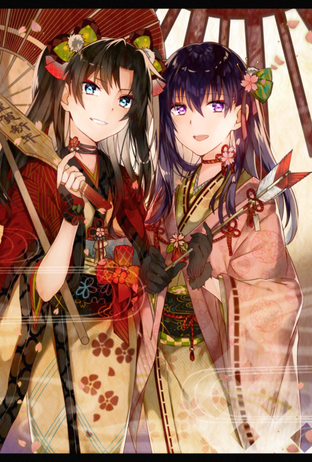 fate/stay_night, kimono, matou_sakura, nagatsuki_take, toosaka_rin, umbrella