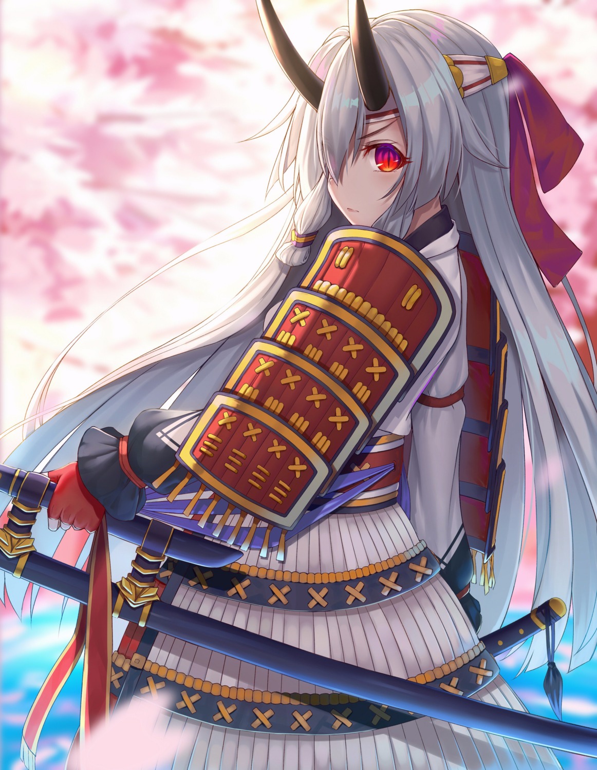 armor, fate/grand_order, horns, japanese_clothes, mhong, sword, tomoe_gozen_(fate)