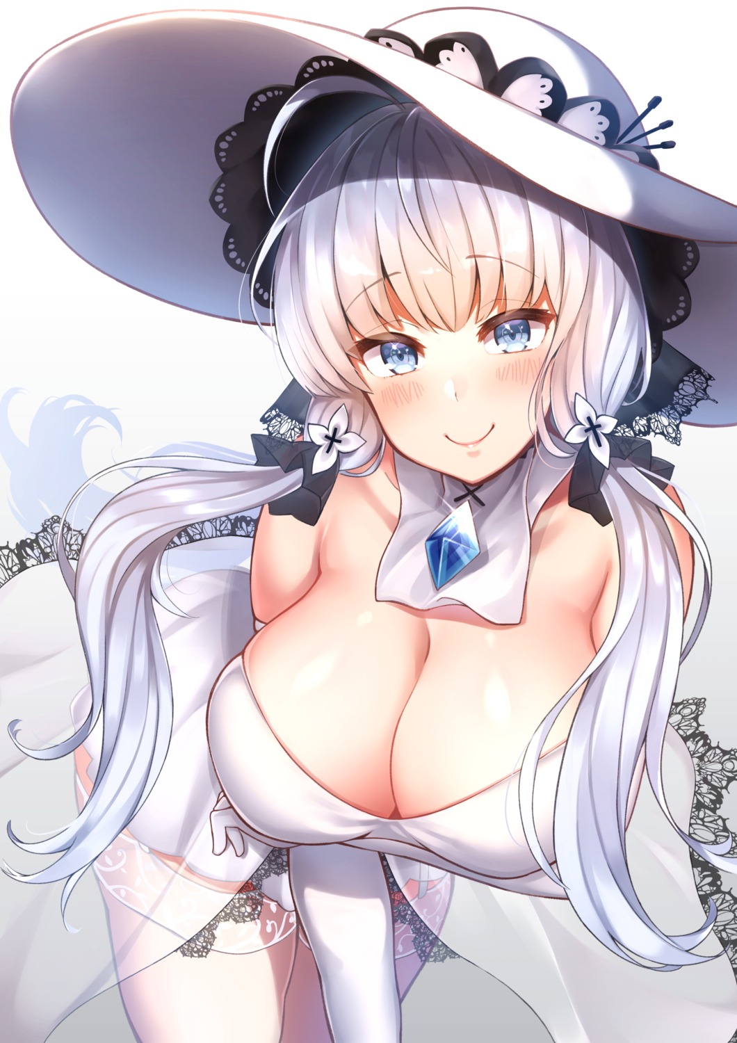 azur_lane, breast_hold, cleavage, dress, illustrious_(azur_lane), see_through, thighhighs, usa_b