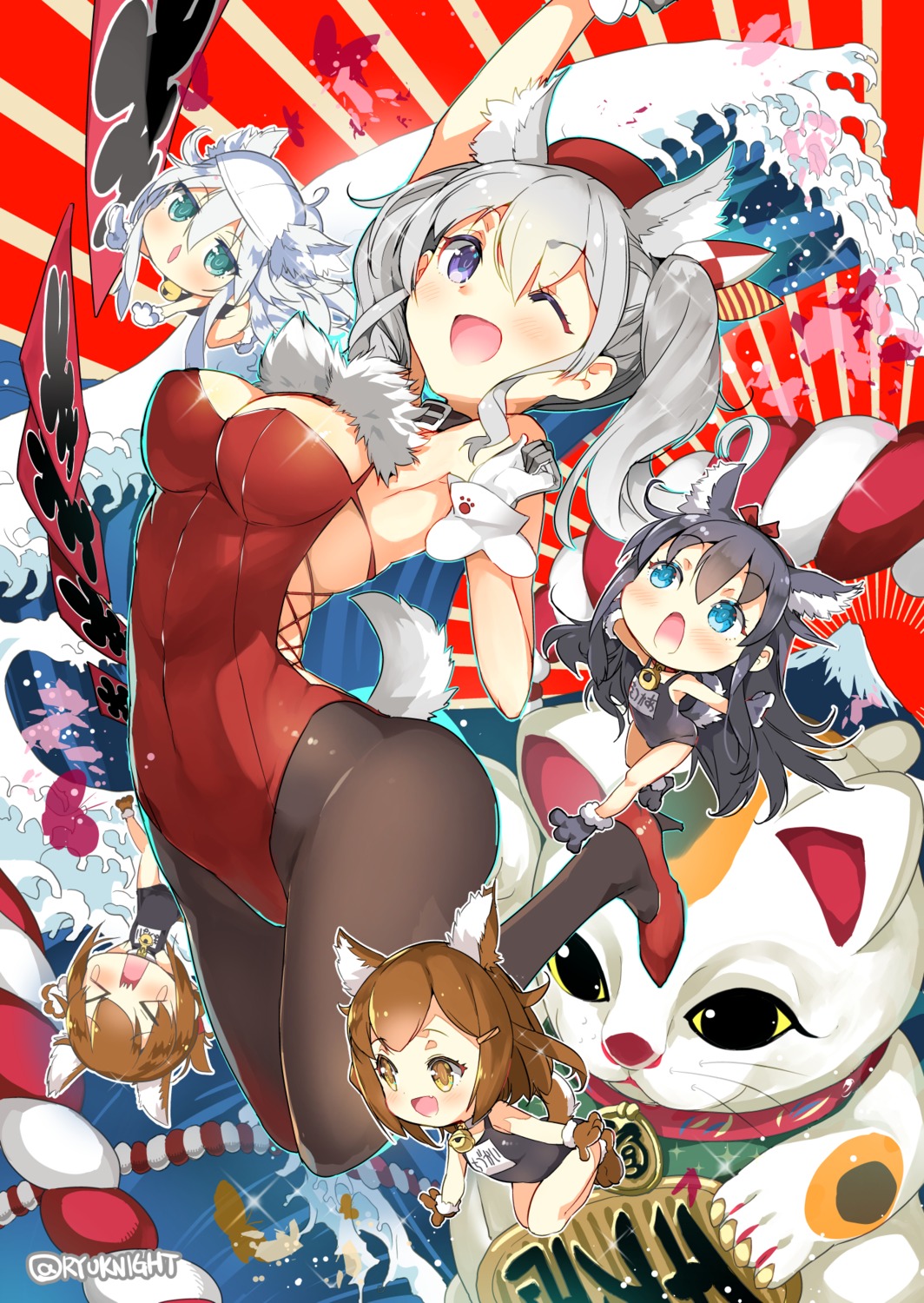 akatsuki_(kancolle), animal_ears, chibi, cleavage, heels, hibiki_(kancolle), ikazuchi_(kancolle), inazuma_(kancolle)
