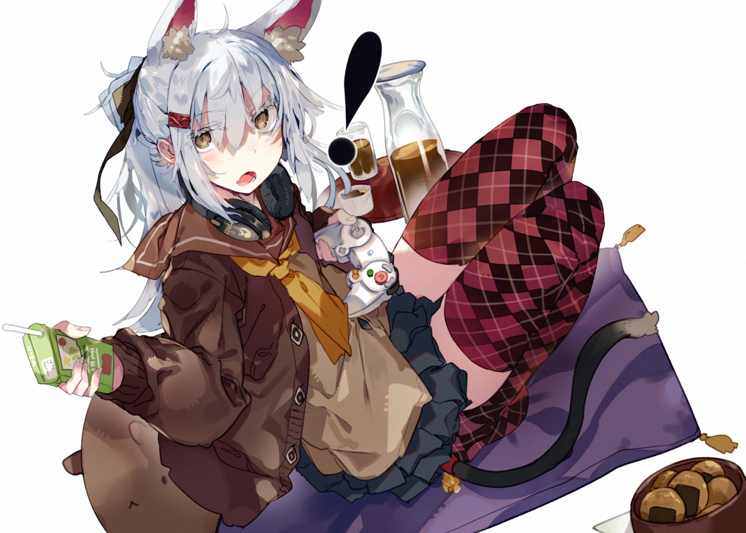 animal_ears, headphones, karei, seifuku, tail, thighhighs