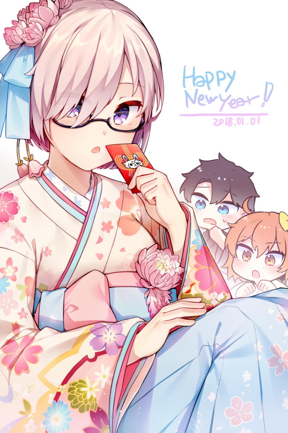 0ye, fate/grand_order, fujimaru_ritsuka_(female), fujimaru_ritsuka_(male), kimono, mash_kyrielight, megane