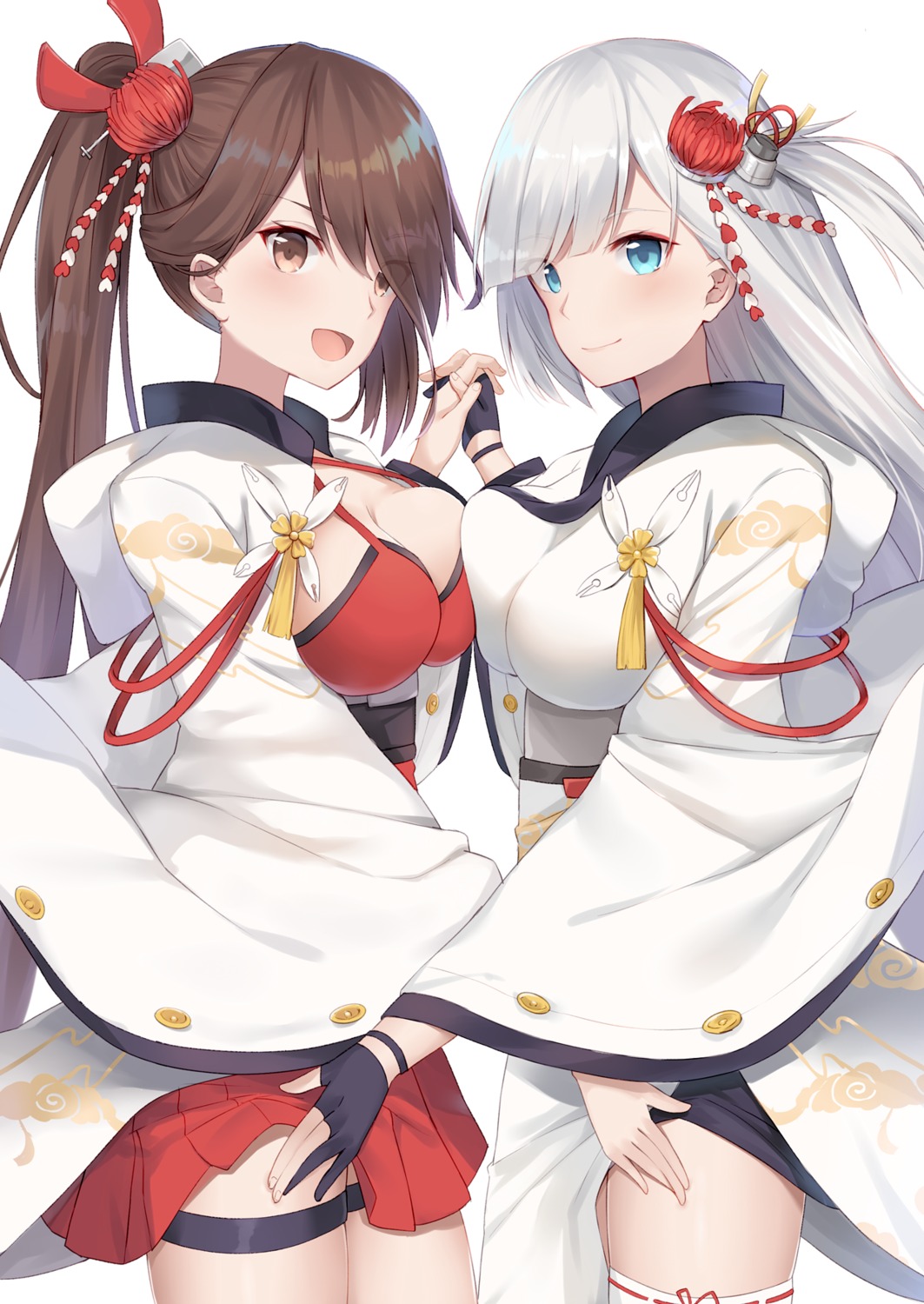 azur_lane, cleavage, garter, japanese_clothes, shoukaku_(azur_lane), skirt_lift, symmetrical_docking, yukarite, zuikaku_(azur_lane)