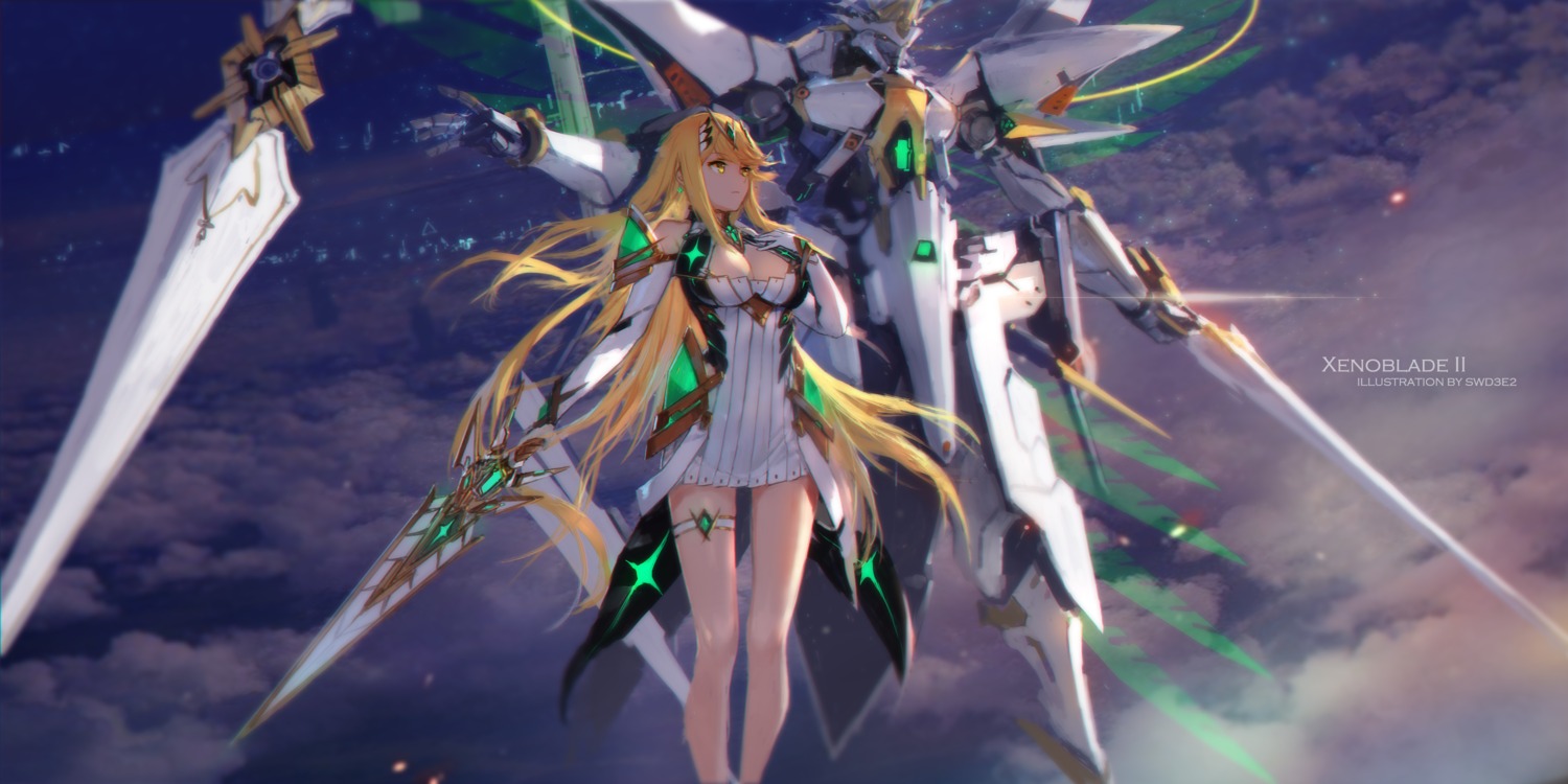 cleavage, dress, garter, hikari_(xenoblade_2), mecha, siren_(xenoblade_2), swd3e2, sword, xenoblade_(series), xenoblade_2