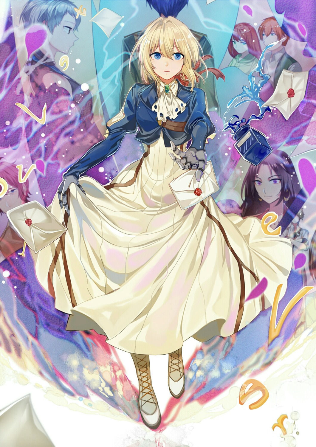 cattleya_baudelaire, claudia_hodgins, dress, gilbert_bougainvillea, iris_cannary, luculia_marlborough, mecha_musume, skirt_lift, spencer_marlborough, violet_evergarden, violet_evergarden_(character), wu_se_bu_hui_(940164887)